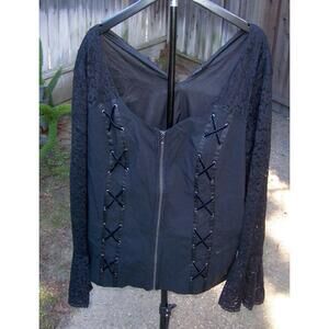 Torrid Black Stretch Zip Up Top - Lace Sleeves 2X - Goth